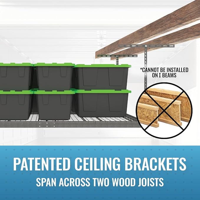 MonsterRax Overhead Garage Storage Rack - 4 x 8 Ceiling Racks for Garage, Organization Shelving, Hanging Shelf, Grey, 24"-45" Height Adjustment