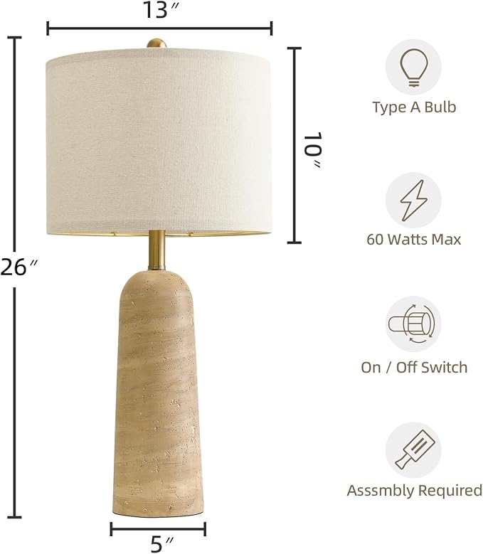 BOBOMOMO 27.25" Modern Table Lamp Set of 2, Beige Resin Lamp with Natural Stone Look, Travertine Lamps for Living Room with Linen Shades, Bedside Lamp for Bedroom, Living Room, Nightstand, Entryway