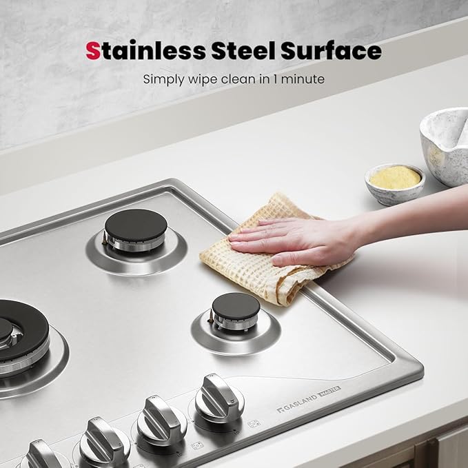 GASLAND Master 30 Inch Gas Cooktop with Griddle PRO GH3805SS1FC with 5 Burners, CSA certified, 120V Plug-in, NG/LPG Convertible