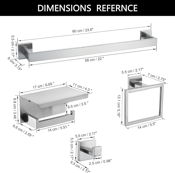 Brushed Nickel Bathroom Towel Bar Set Bathroom Accessories Hardware Set Including Towel Bar Towel Ring Coat Hook and Toilet Paper Holder with Shelf. Wall Mounted Stainless Steel