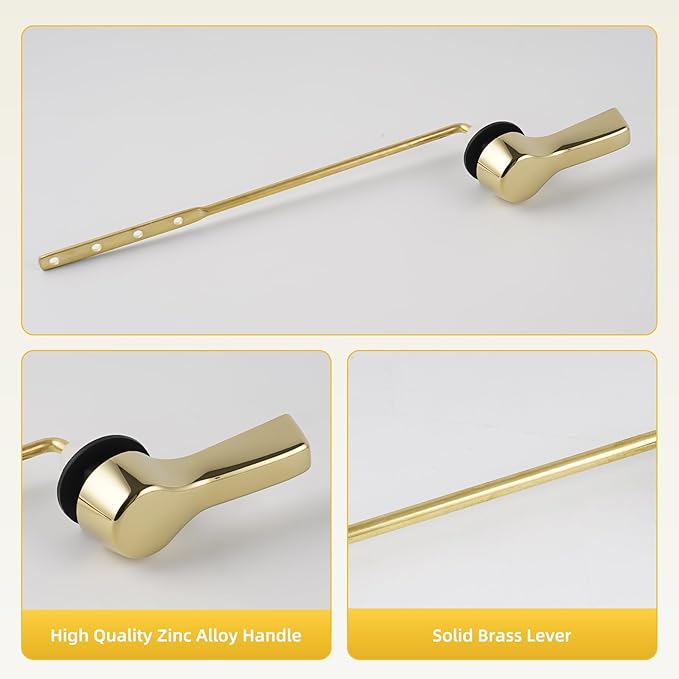 iFealClear Polished Gold Universal Metal Toilet Tank Flush Lever Replacement for Front Mount Toilet Tank with 2 Pieces Stainless Steel Flapper Chains, Easy Install, Solid Brass
