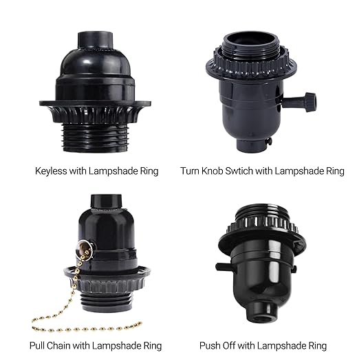 6 Pack Lamp Socket Replacement, Phenolic Medium Base Light Socket, E26 Screw Bulbs Edison Retro Pendant Lamp Holder, Lampshade Ring, 1/8 IP Thread Cap (Lamp Socket Turn Knob Swtich)
