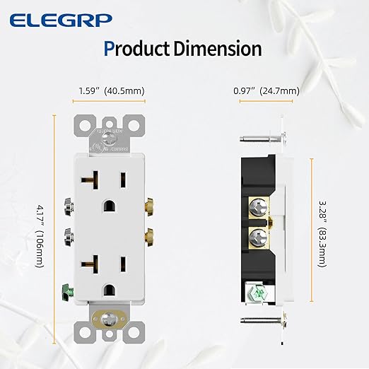 ELEGRP Glossy White Decorator Electrical Wall Outlet Receptacle, 20A 125V Standard Outlets, 2 Pole 3 Wire, Non-Tamper Resistant, NEMA 5-20R, Self-Grounding Wall Outlet, UL Listed, 50 Pack