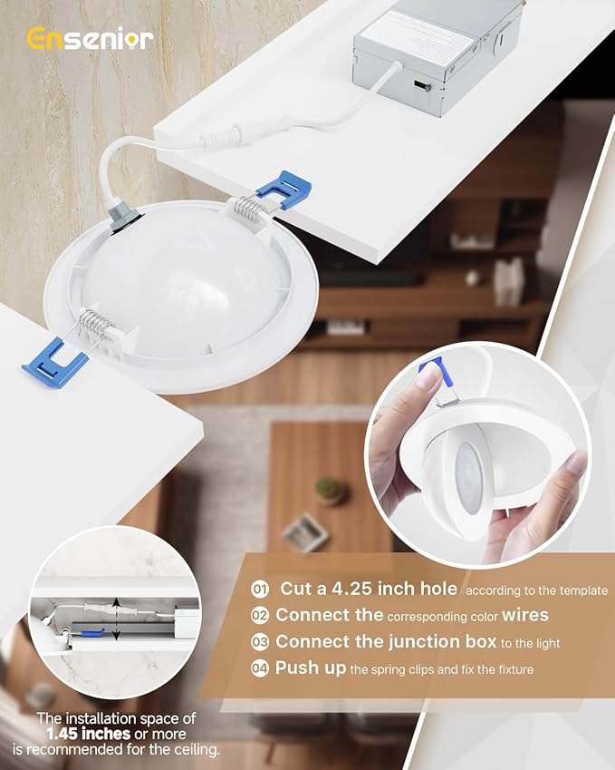 Ensenior 6 Pack 4 inch Gimbal Led Recessed Light with Junction Box, 90° Adjustable Directional Eyeball Lighting, Dimmable, 2700K/3000K/3500K/4000K/5000K, 900LM, 9W=100W-FCC Certified