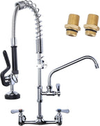 Commercial Kitchen Faucet Wall Mount with Pre-Rinse Sprayer 8 Inch Center Wall Mount Kitchen Sink Faucet with 9.6" Add-on Swing Spout 25" Height Faucet with Pull Down Spray