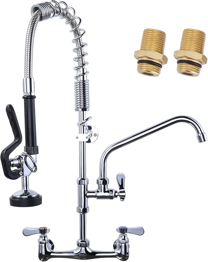 Commercial Kitchen Faucet Wall Mount with Pre-Rinse Sprayer 8 Inch Center Wall Mount Kitchen Sink Faucet with 9.6" Add-on Swing Spout 25" Height Faucet with Pull Down Spray