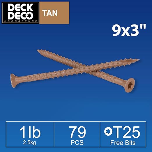 Wood Screws #9 x 3 79pcs(Approx), Tan Ruspert Coating Exterior Deck Screws, Torx/Star Drive Flat Head,Twist Shank, Cut Tip/Thread, Bit Included, 1 lb/Box
