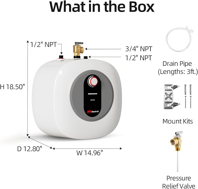 MIZUDO Electric Mini Tank Water Heater - 4.0 Gallon Point of Use Instant Hot Water Heater for RV, Camper, Kitchen, Food Truck, 120V 1440W, Under Sink, Wall or Floor Mounted, Easy to Install
