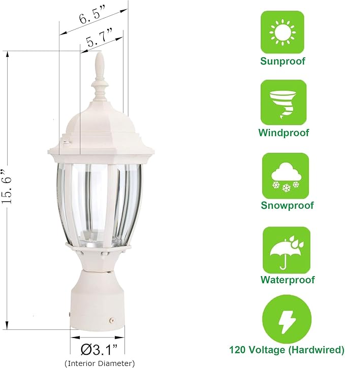 LIT-PaTH LED Outdoor Post Lighting Fixture, Pole Lantern, 9.5W 800 Lumens, 3000K Warm White, Aluminum Housing Plus Glass, Matte White Finish, 1-Pack