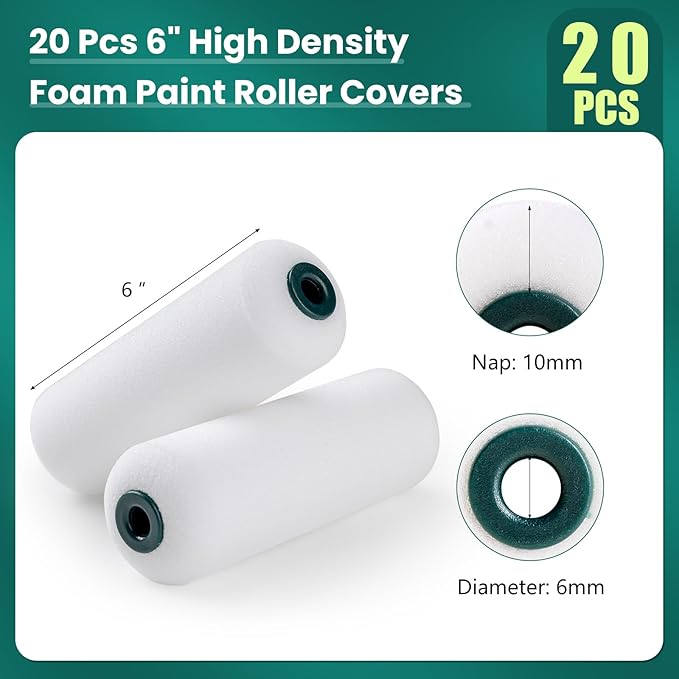 Foam Paint Roller, 20 Pack, 6 Inch Mini Paint Roller Covers, High Density Foam Paint Roller, Small Paint Rollers for All Flat Surfaces, Suitable for Wall，Kitchen Cabinets, Doors, Tables
