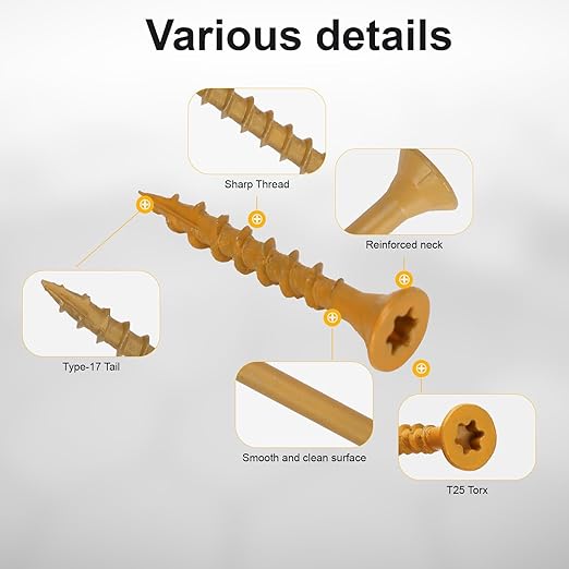 Deck Screws #8 x 1-1/4’’, T25 Star Torx Drive Flat Head Wood Screws, Tan, 5lb