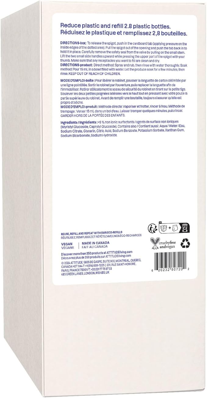 ATTITUDE Fruit & Vegetable Wash Refill, Food-Safe Produce Wash, Removes Dirt & Residue, Vegan & Plant-Based Ingredients, Unscented, 67.6 Fl Oz