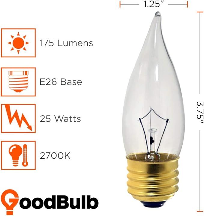 GoodBulb 25-Watt Incandescent Flame Tip Light Bulbs CA10 Clear Finish Medium E26 Base 2700K Warm White Color Dimmable 25W 175 Lumens Pack of 12 Bulbs