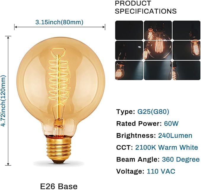 G25(G80) Globe Bulb Edison Light Bulbs, 60W Retro Incandescent Bulb, E26 Medium Base, 240 Lumens 2100K Warm White, Dimmable Home Light-4Pack