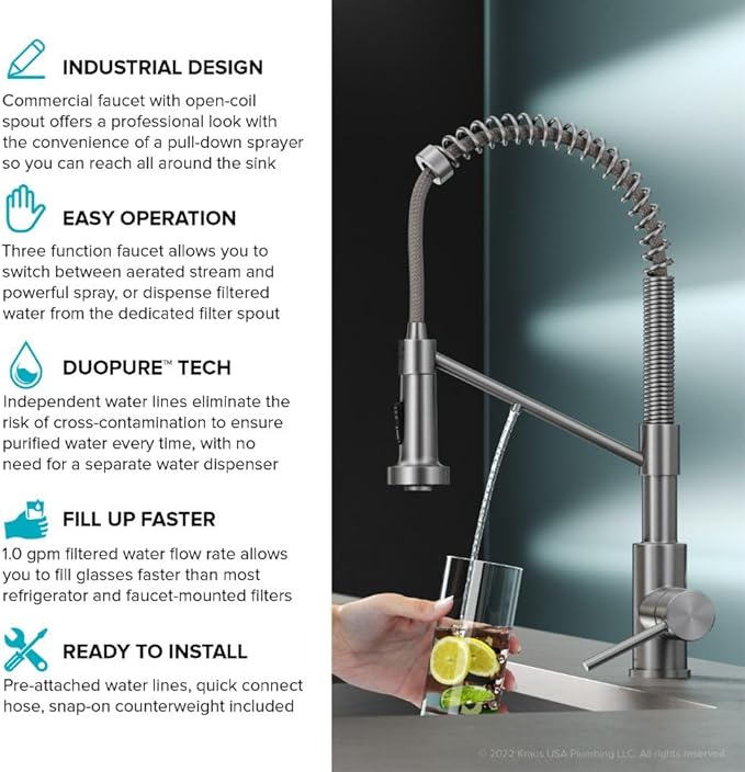 KRAUS Bolden 2-in-1 Commercial Style Pull Down Single Handle Water Filter Kitchen Faucet for Reverse Osmosis or Water Filtration System in Spot-Free Stainless Steel/Matte Black, KFF-1610SFSMB