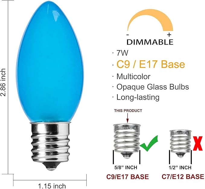 25 Pack C9 Multicolor Christmas Light Bulbs, C9 Multicolor Replacement Bulbs for Outdoor Patio Christmas String Lights, 7W Incandescent Night Light Bulbs, C9/E17 Intermediate Base Bulb,120V 7W bulb