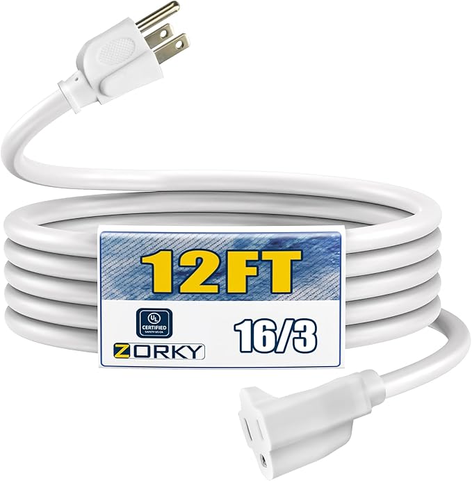 12ft Outdoor Extension Cord - 16/3 Heavy Duty SJTW Waterproof White Electrical Cable with 3 Prong Grounded Plug for Safety, Great for Lawn and Major Appliances