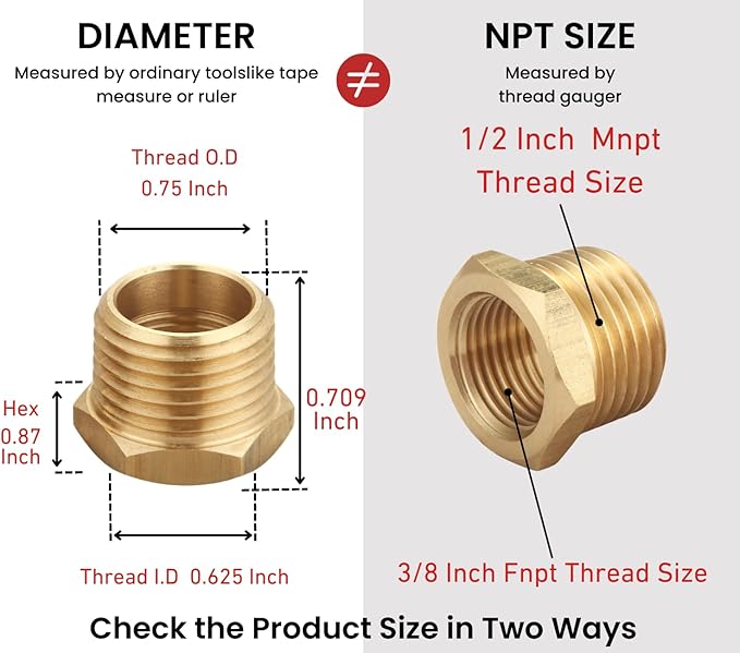 1/2 Inch NPT Male x 3/8 Inch NPT Female Brass Pipe Fitting, Hex Bushing, Reducer Adapter, Thread 0.75" OD × 0.625" ID, (5 Piece)
