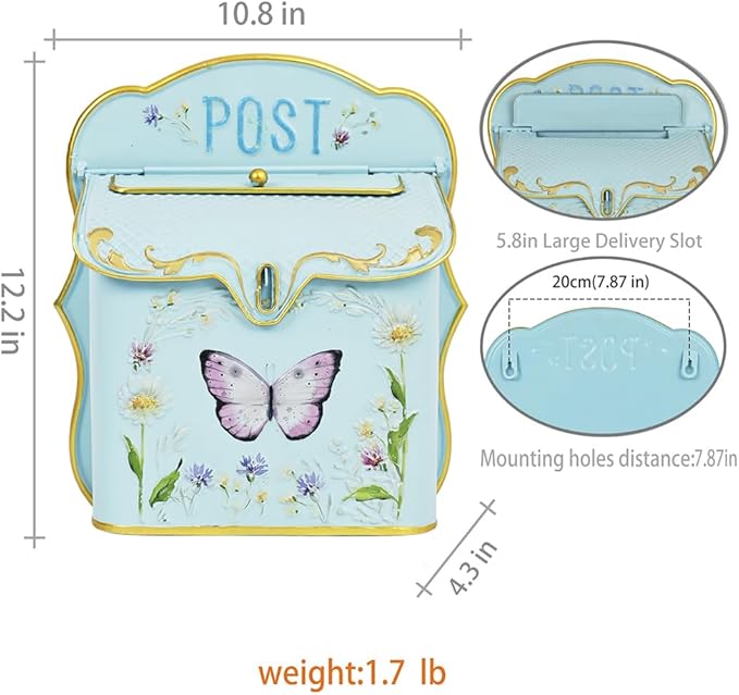 Mailbox Wall Mount Mailboxes for Outside Vintage Mail Boxes for House Outside Metal Drop Box Antique Style Nostalgic Charm Home Decorative Butterfly Blue