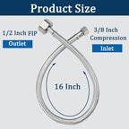 16" Faucet Supply Line,3/8" Comp x 1/2" FIP Stainless Steel Braided Supply Line,Faucet Water Supply Hose Connector Lines Faucet Water Supply Line for Water Heater, Angle Valve（Plumbers Tape Include)