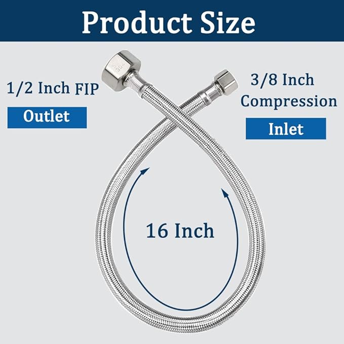 16" Faucet Supply Line,3/8" Comp x 1/2" FIP Stainless Steel Braided Supply Line,Faucet Water Supply Hose Connector Lines Faucet Water Supply Line for Water Heater, Angle Valve（Plumbers Tape Include)