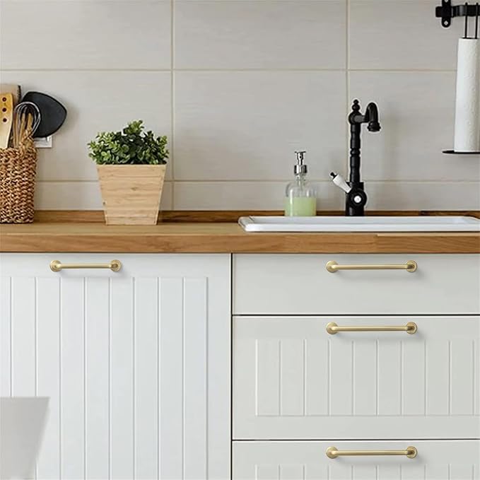 Goo-Ki 6 Pack Brushed Brass Cabinet Drawer Pulls, 5.04 Inch(128mm) c-c Solid Zinc Alloy Modern Bar Handles Dresser Pull Kitchen Hardware for Closet Wardrobe Cupboard Furniture, 9338TLS-128