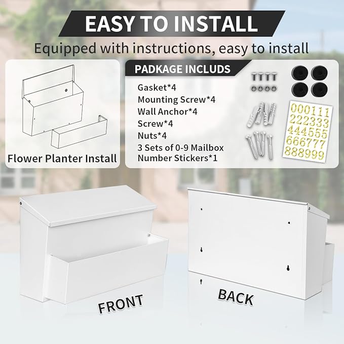 Wall Mount Mailbox, Large Capacity for House, Outside, with 3 Sets of 0-9 Number Stickers & Flower Planter, Galvanized Steel Rust-Proof Metal Post Drop Box, 15.74"×9.84"×6.41" White