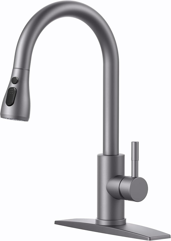FORIOUS Kitchen Faucets with Pull Down Sprayer, High Arc Single Handle Classic Stainless Steel Sink Faucet 1 or 3 Hole, Suitable for Farmhouse Camper Laundry Rv Bar, Grey