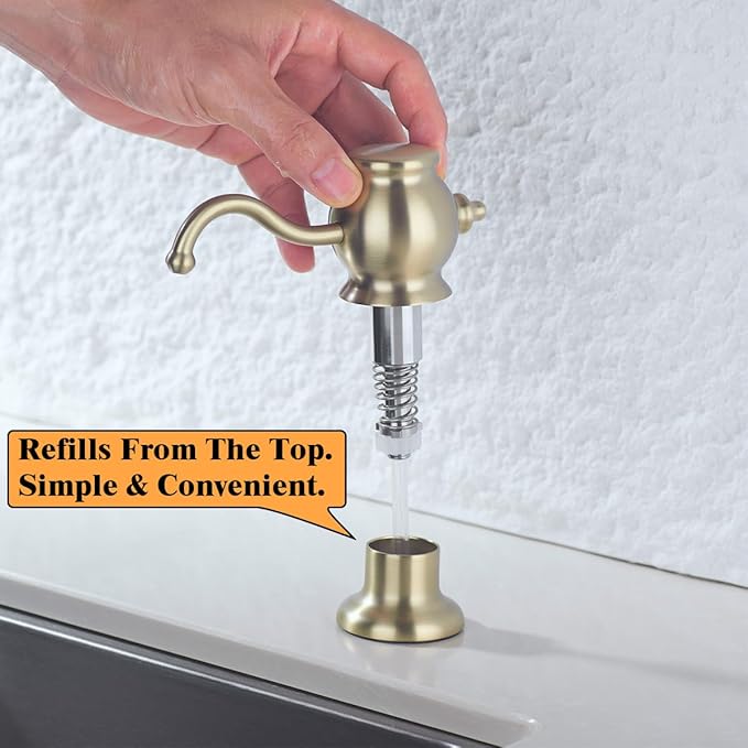 RANDOM Brushed Gold Soap Dispenser for Kitchen Sink,Built in Sink Soap Dispenser with Solid Brass Pump Head Soap Dispenser Extension Tube Kit and 11 Ounce Large PET Liquid Soap Bottle.RD84038BG
