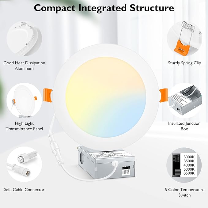 BesLowe 4 Packs 6 Inch 5CCT LED Recessed Ceiling Lights Ultra-Thin with Junction Box, 12W 150W Eqv, 3000K/3500K/4000K/5000K/6500K, 1200LM Dimmable Canless Downlights for Kitchen Hallway Dining Room