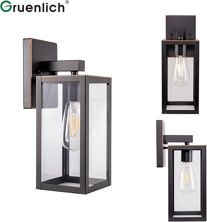 GRUENLICH Waterproof Large Outdoor Wall Lanterns, Modern Porch Sconces with Clear Glass Shade, E26 Socket Max 60W, IP65, Metal Frame, for Patio, Front Door, Entryway, Oil Rubbed Bronze Finish, 1-Pack