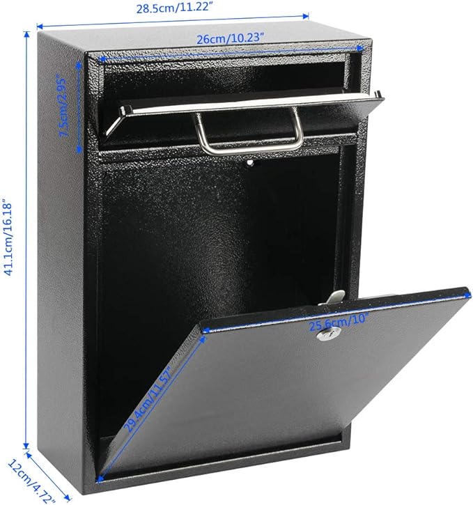 KYODOLED Steel Key Lock Mail Boxes Outdoor, Locking Wall Mount Mailbox, Security Lock Drop Box, Collection Boxes,16.2H x 11.22L x 4.72W Inches, Black X Large