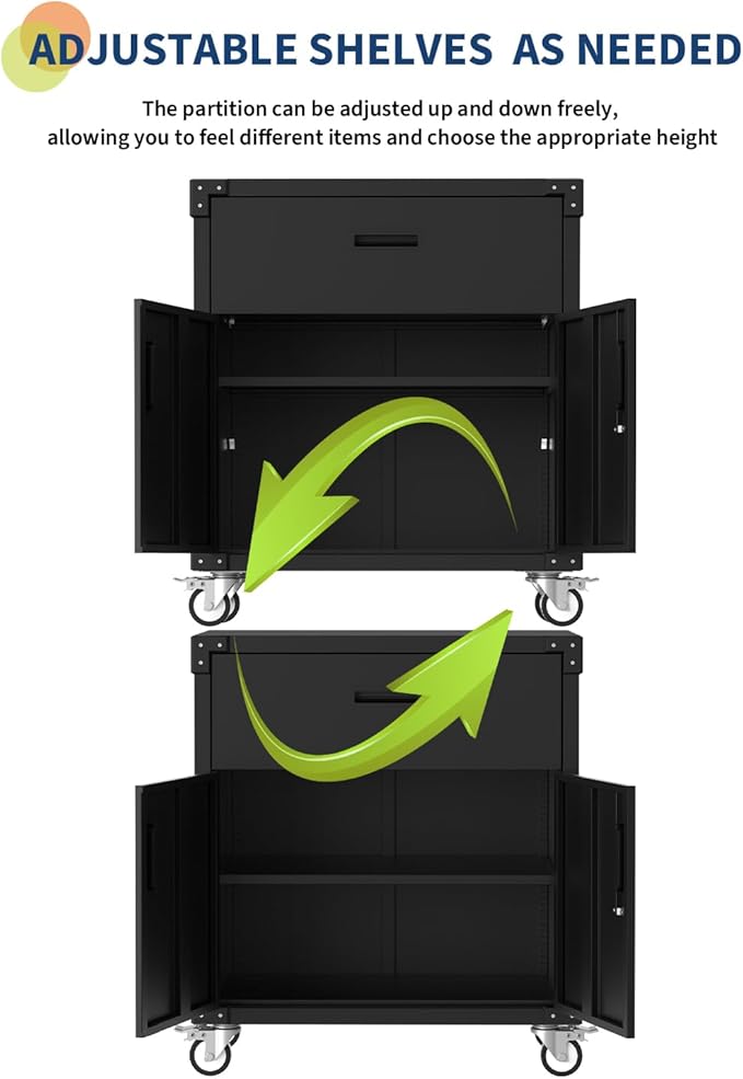 GarveeHome Rolling Tool Cabinet with Drawer | Heavy Duty Metal Garage Storage with Adjustable Shelf & Locks | Rust Resistant Wheels for Warehouse Workshop, Black