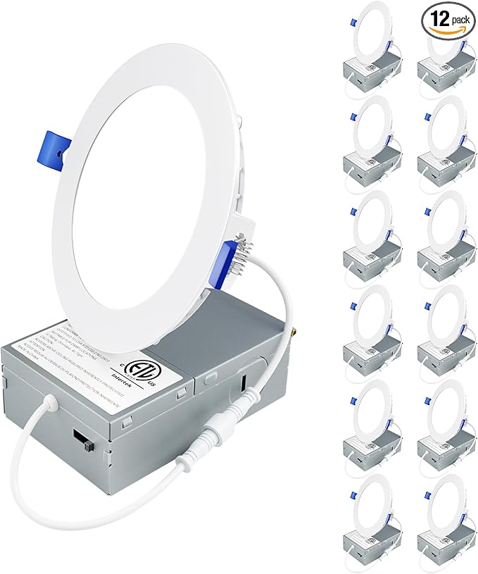 Ensenior 12 Pack 4 Inch LED Recessed Ceiling Light, Dimmable, 3000K Warm White, 750LM 9W 120V, High Brightness Canless Wafer Downlight - ETL&FCC&IC