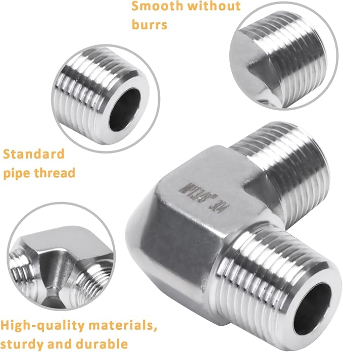 90 Degree Street Elbow - 3/8" NPT Male to 3/8" NPT Male Stainless Steel 304 Heavy Duty Forged Barstock Street Elbow Adapter Pipe Fitting (pack of 2)