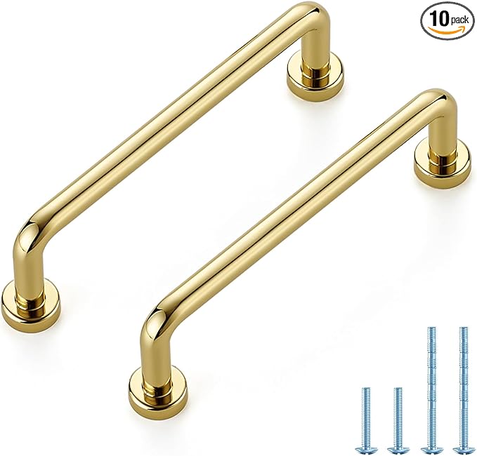 JOY DECOR Cabinet Pulls – 3-3/4 Inch Hole Center, Polished Brass, 10 Pack, Zinc Alloy Cabinet Handles for Drawers & Cupboard – Vintage Style Hardware for Kitchen, Bathroom, Dresser, Furniture Makeover