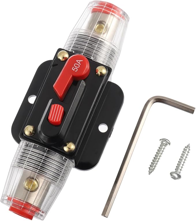 BOJACK 50A Audio Inline Circuit Breaker Reset Fuse Holder 12-24V DC Manual Reset Fuse Holder 3-15 AWG Overload Protection for Car Audio Sound Amplifier System RV Marine Boat Truck Solar Inverter