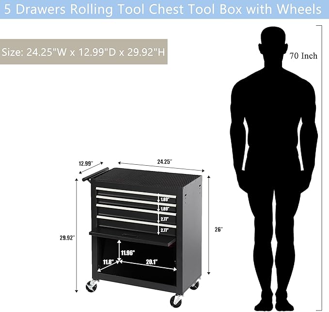 4 Drawers Metal Rolling Tool Chest on Wheels with Lockers, Tool Box Tool Trolley Organizer Cart, Multifunctional Drawers Rolling Storage Tool Case for Garage, Repair Shop(BLACK)