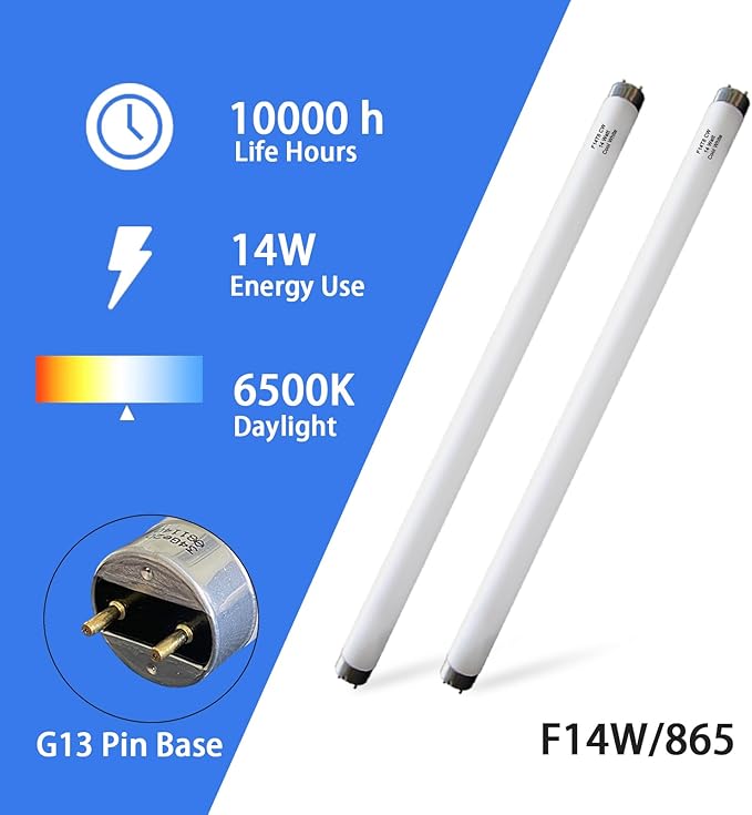 Valoisa (4PACK F14T8/D 14W 15" T8 6500K Linear Fluorescent Tube Light Bulb, 14 Watts, G13 Base, 14 3/4" MOL, 1" Dia, Daylight