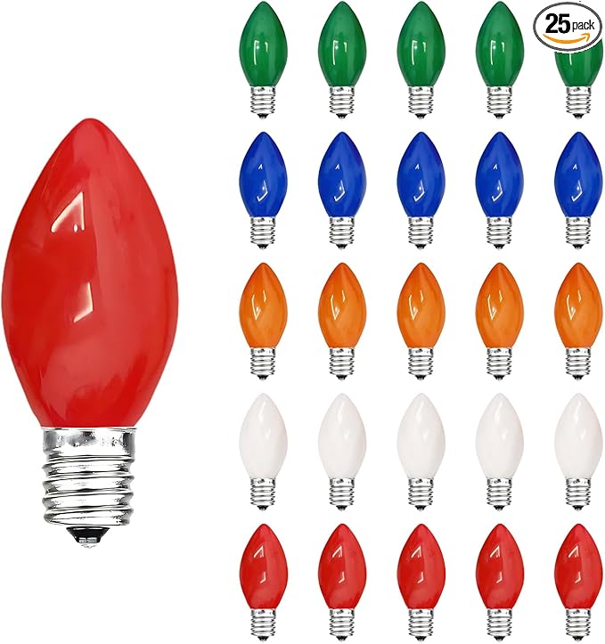 C7 LED Replacement Bulbs, 25 Pack Multicolor Christmas Light Bulbs for Outdoor String Lights, Patio Xmas Tree Holiday Party Wedding Prom Decor, E12 Candelabra Base