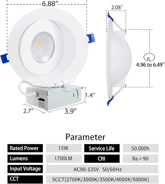 Adetu Recessed Lighting 6 inch, 360°+90° Adjustable Directional 6 inch Gimbal Led Recessed Light, 2700K-5000K 5CCT Dimmable Retrofit Eyeball Can Recessed Lights with Jbox, ET (White-12 Pack)