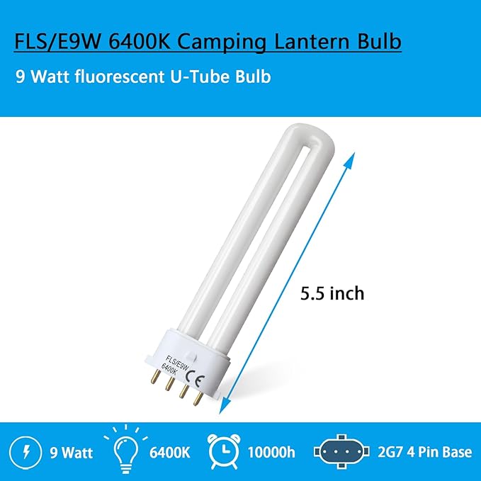(2PACK FLS/E9W Fluorescent Bulb,Replacement for Camping Lantern Bulb,4 Pin 2G7 Base,5.5 inch Special Size,6400K
