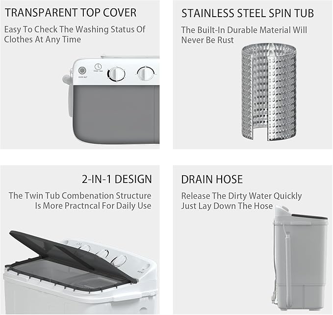 Sportpulse Mini Twin Tub 18lbs Portable Washing Machine, 11lbs Washer & 7lbs Spinner, Small Laundry Washer with Time Control for Camping, Apartments, RV (Black, 18lbs)