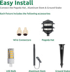 Lumina Lighting® Low Voltage Landscape Lighting Cast-Aluminum Pagoda Path and Area Light Warm White 4W G4 LED Bulb and ABS Ground Stake Included for Yard Walkway Lawn PAL0103-BKLED4 (Black,4-Pack)