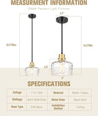 Emak Modern 8 Inch Pendant Lights Kitchen Island, Black and Gold Pendant Light Fixtures with Hammered Glass Shade, Farmhouse Island Lights for Kitchen, Dining Room, Bathroom, PL122-BKBGD-HG