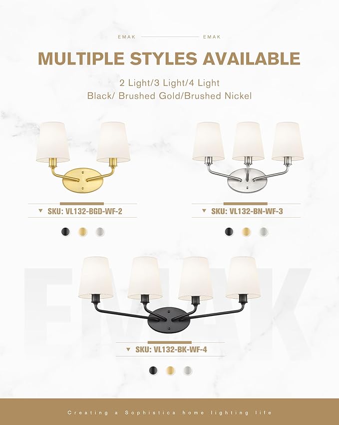 Emak 2-Light Bathroom Vanity Light, Brushed Gold Bathroom Light Fixtures Over Mirror with Flared White Fabric Shade, Modern Wall Sconce for Bath, Mirror, Hallway, VL132-BGD-WF-2