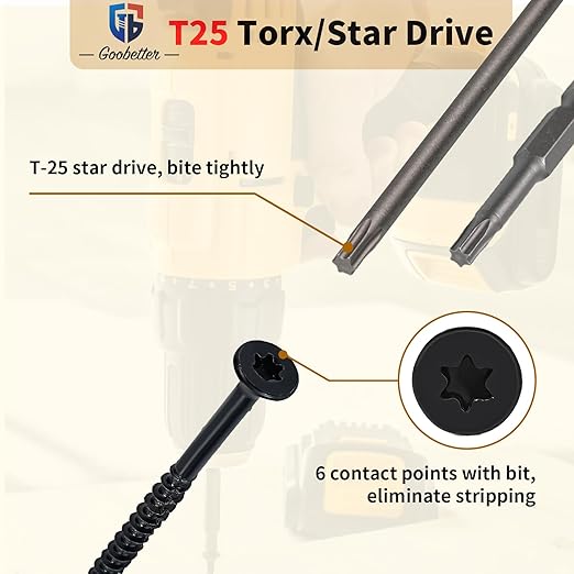 Deck Screws 2 1/2 inch, 500 Pcs Wood Screws #9 x 2-1/2", Rust Resistant, Construction Fence Exterior Screws, Torx Head Drive, 2 Pcs T25 Star Bits Included, Black