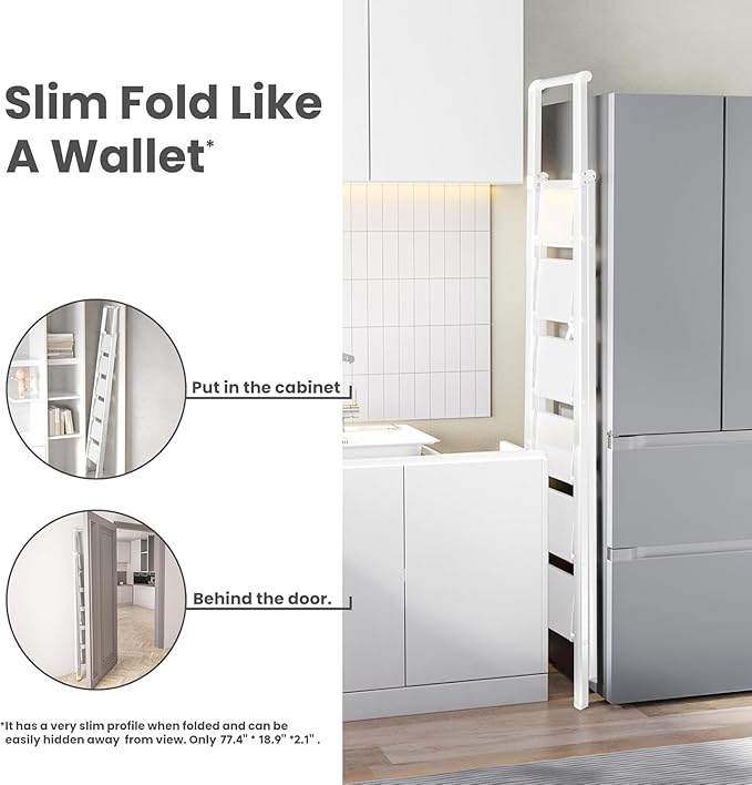 6 Step Ladder, Folding Step Stool with Handgrip and Anti-Slip Wide Pedal, Portable Lightweight Aluminum Stepladder for Kitchen, Home, Library, Office (300 lbs Capacity) - White