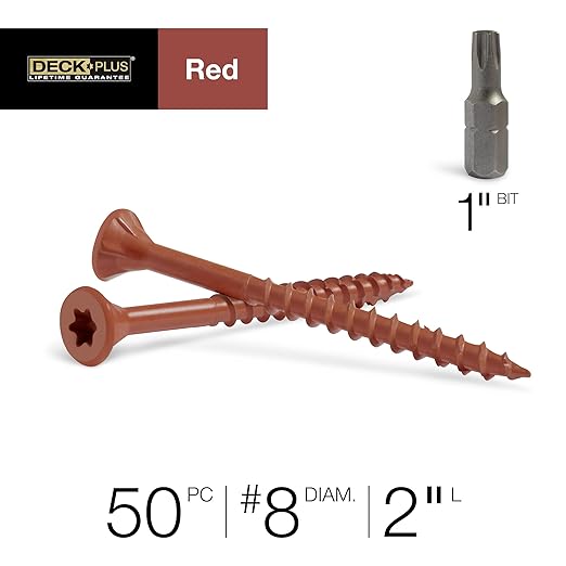 Deck Plus 2 Inch Epoxy Coated Exterior Wood and Fence Screws #8 x 2 Torx/Star Drive Included Coarse Thread, Outdoor Rust Resistant Decking Screw, Red, 50 Pieces | 42598