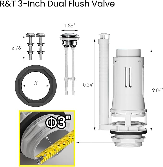 R&T 3-Inch Toilet Flush Valve Replacement Kit with Push Button, Tank to Bowl Gasket with SUS304 Bolts, Toilet Repair Kit Inside Tank for 2-piece Toilet A2475M